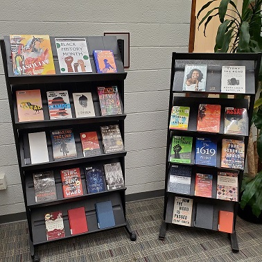 Photograph of two full book shelves featuring book covers for Black History Month
