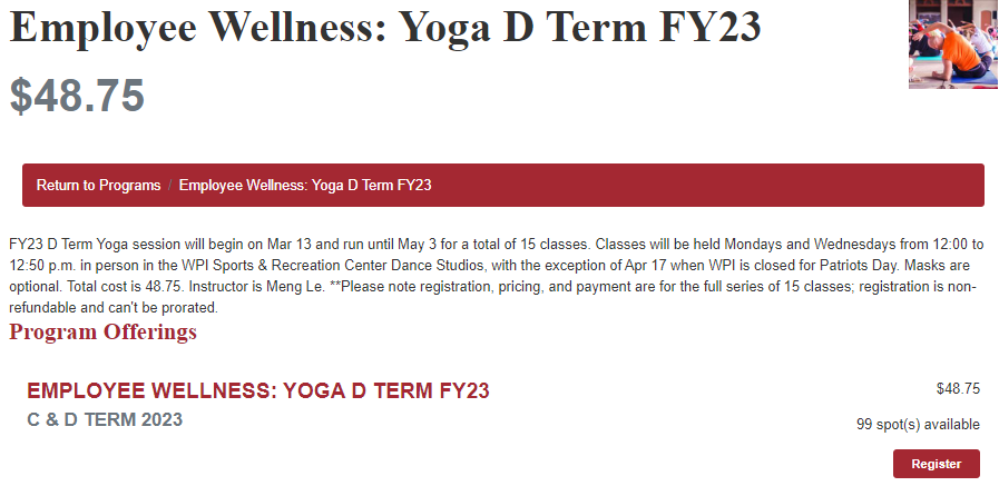 Screenshot of Rec Center Yoga Class Sign Up page