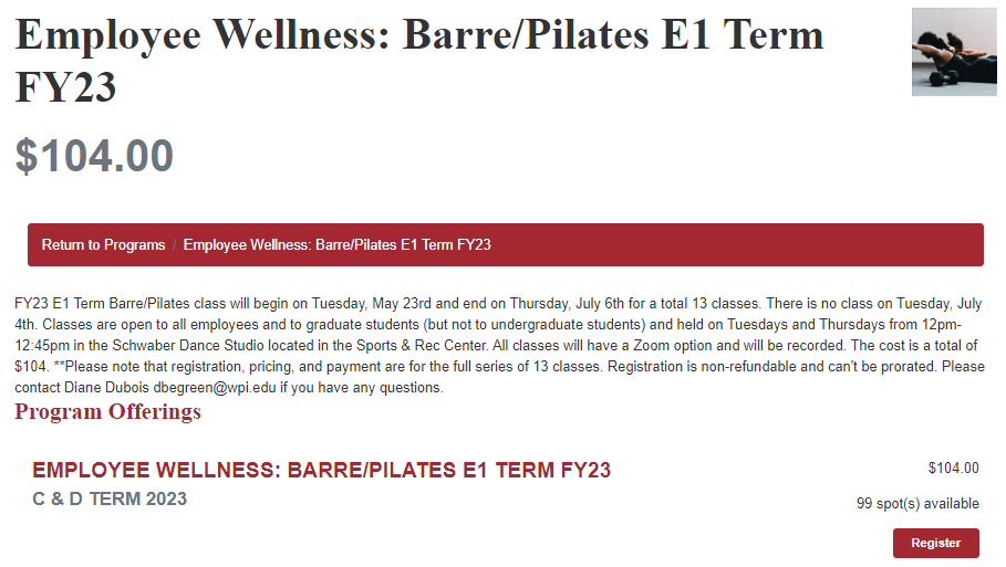Screenshot of Rec Center Website registration page for E1 term barre-pilates classes