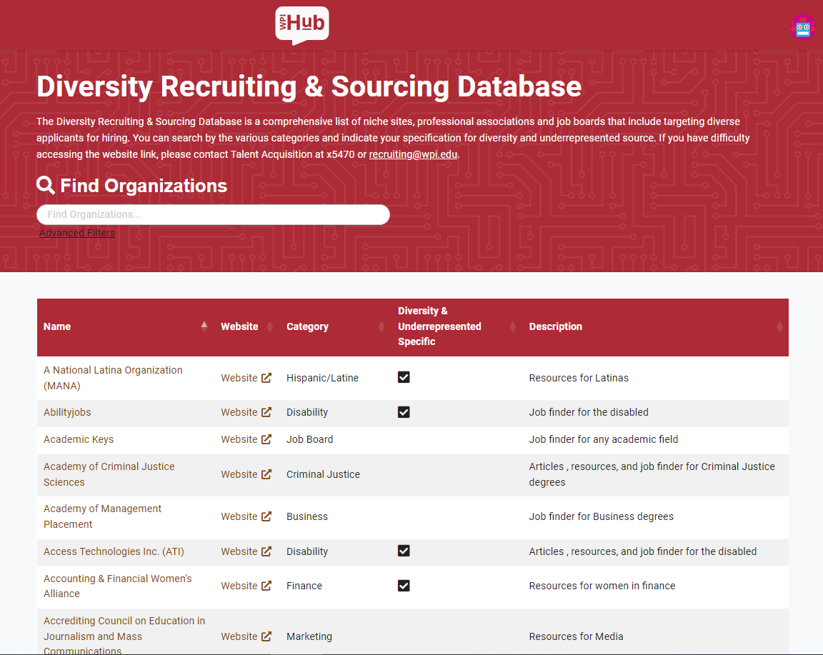 Partial screenshot of WPI Diversity Recruiting &amp; Sourcing Database