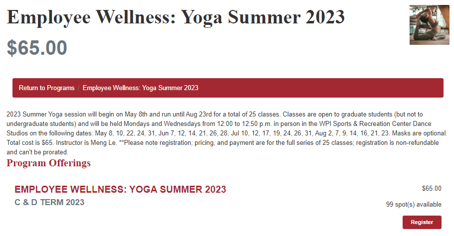 Screenshot of Rec Center Website registration page for summer 2023 yoga classes