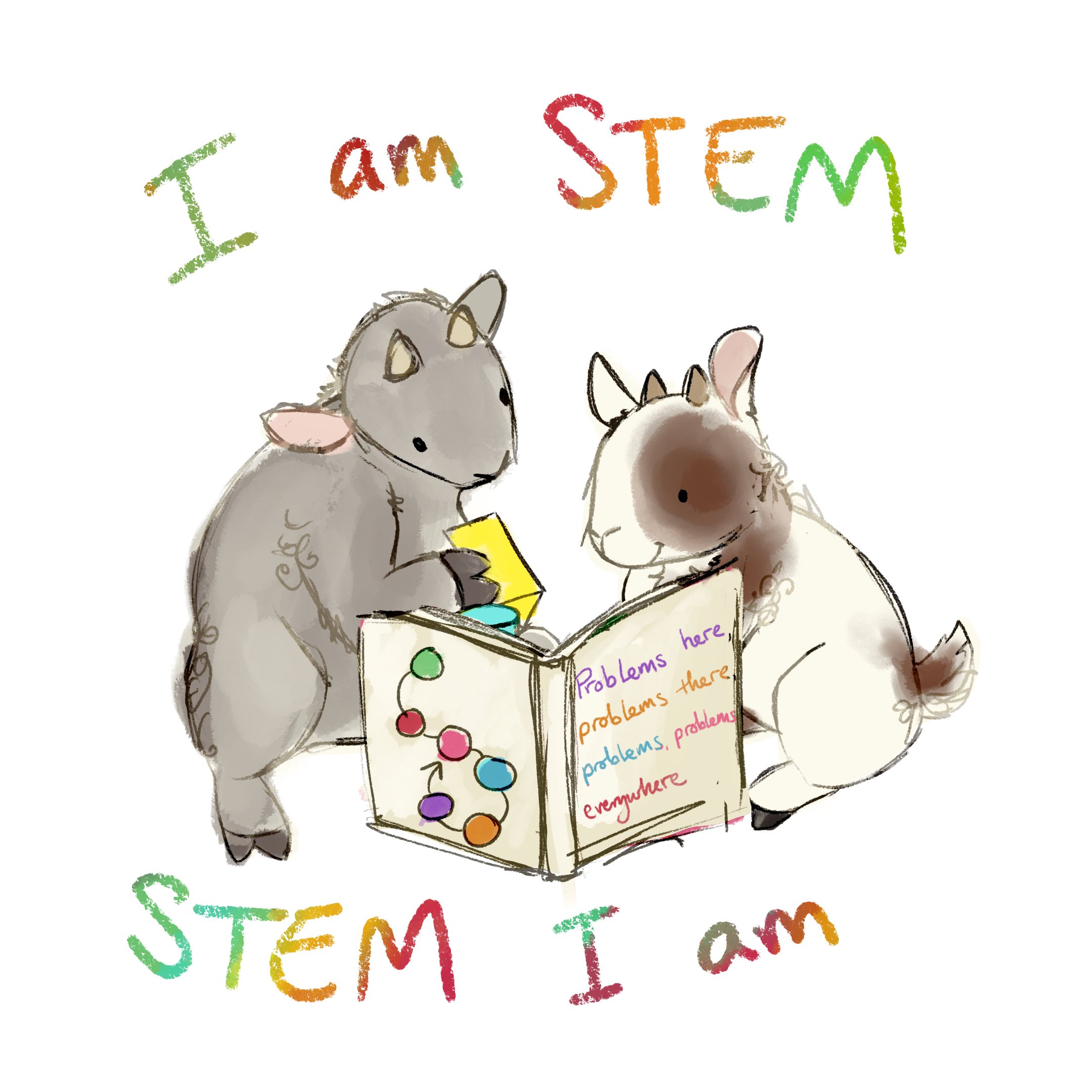 drawing of two young goats reading a book together
