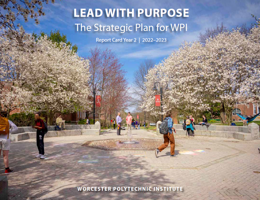 WPI’s Freeman Plaza with trees in bloom and students walking by