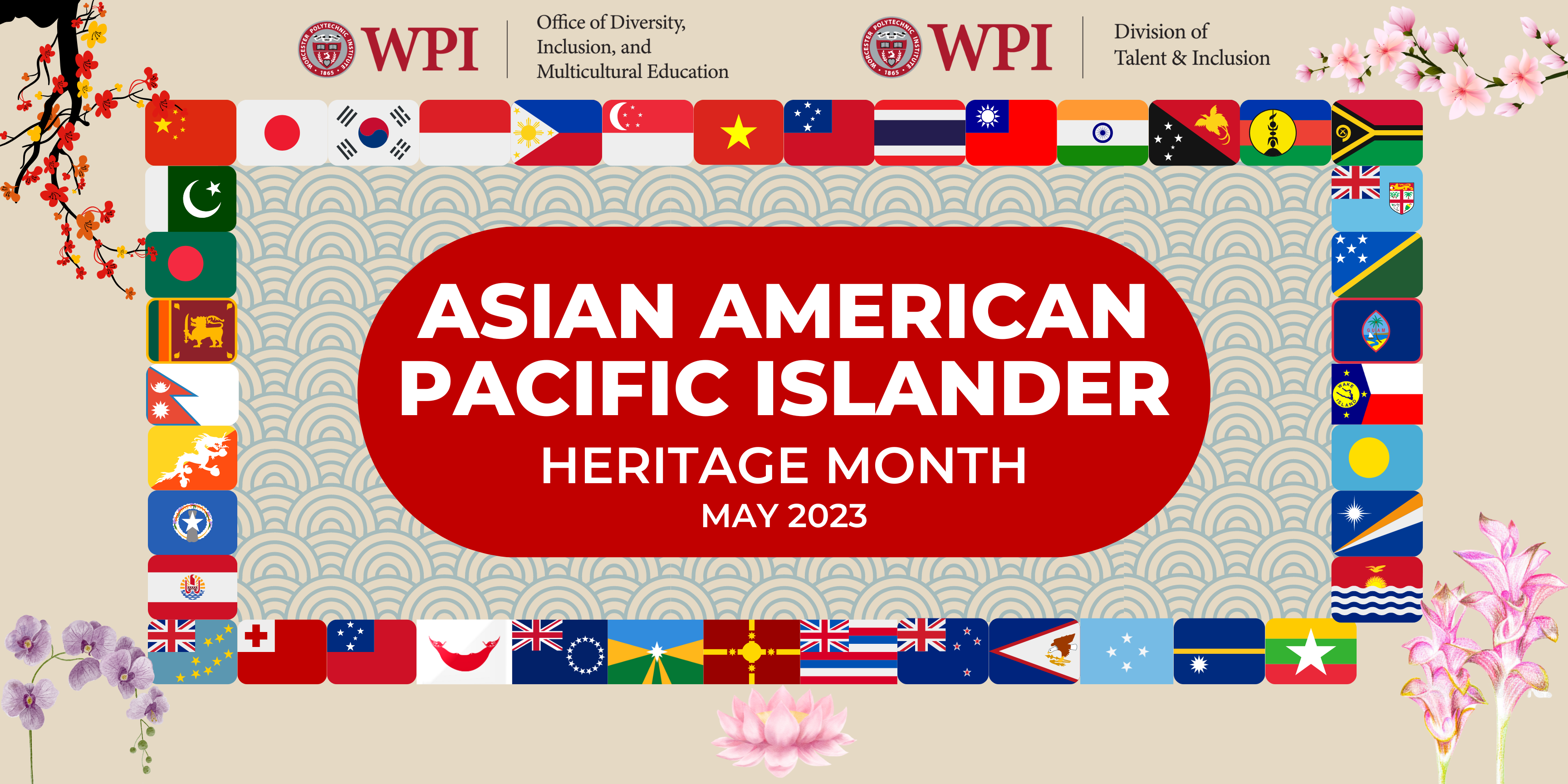 Banner with text "Asian American Pacific Islander" text in the middle with a red background, surrounded by flags from Asian countries and Pacific Islands