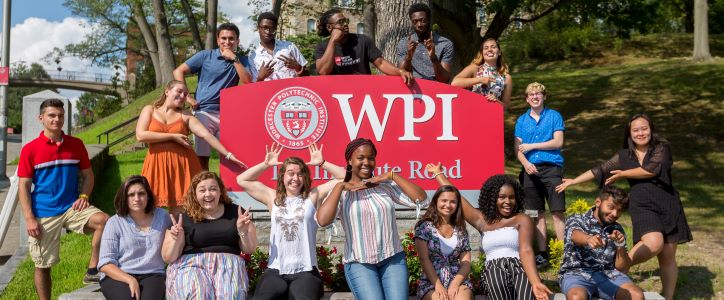 students around WPI sign