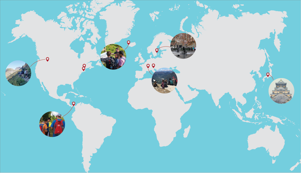 graphic of the world with circles of photos representing varied locations of WPI projects