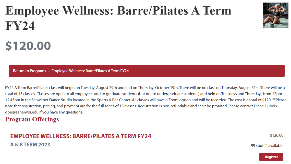 Screenshot of Rec Center Website registration page for A Term FY24 yoga classes