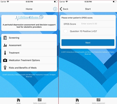Sample screens from the Lifeline4Moms app, which is targeted at physicians