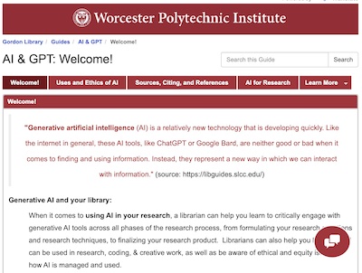 Home page for new library guide on AI and GPT