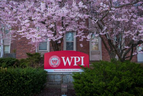 red WPI sign on campus with pink flowers from a blooming tree above
