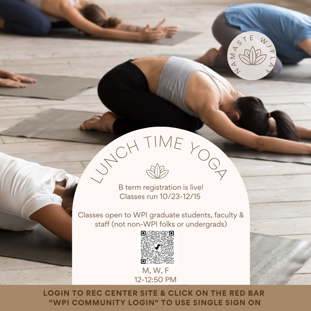 Flyer to promote B Term yoga classes, showing women doing yoga