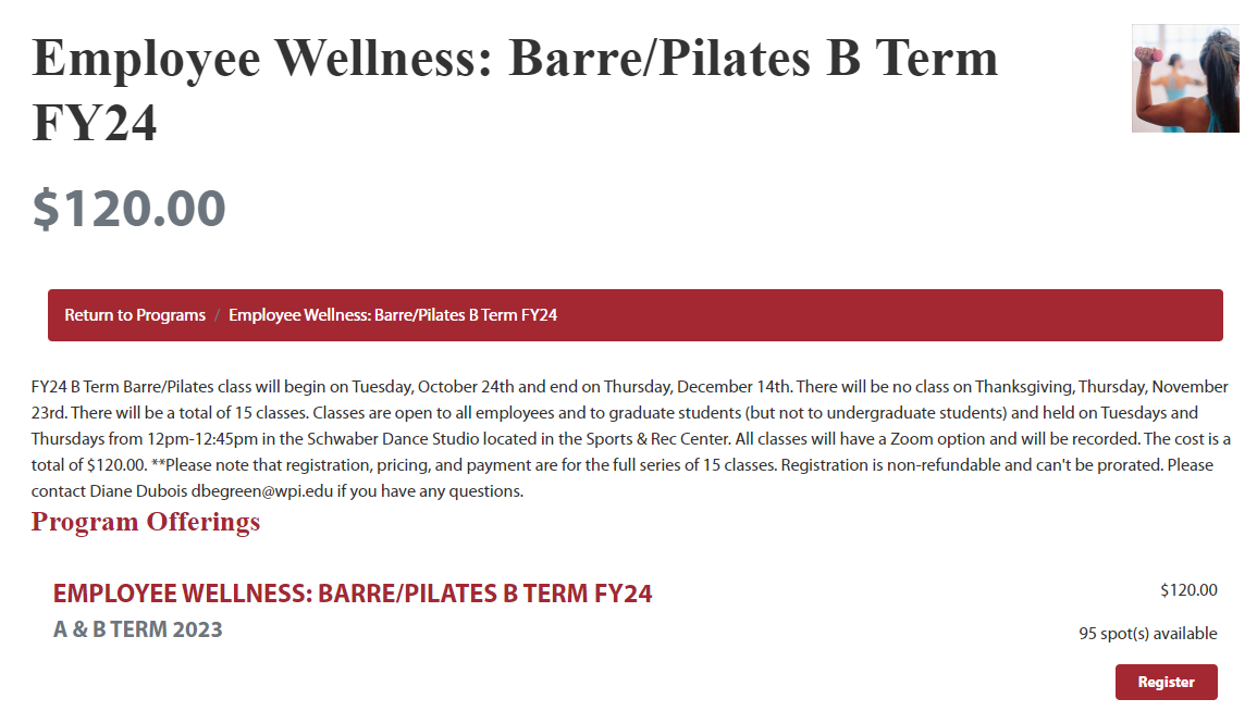 Screenshot of Rec Center Website registration page for FY24 B term barre-pilates classes