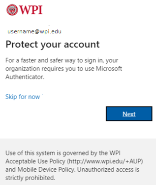 "Protect your account" alert screenshot informing to use Microsoft Authenticator.