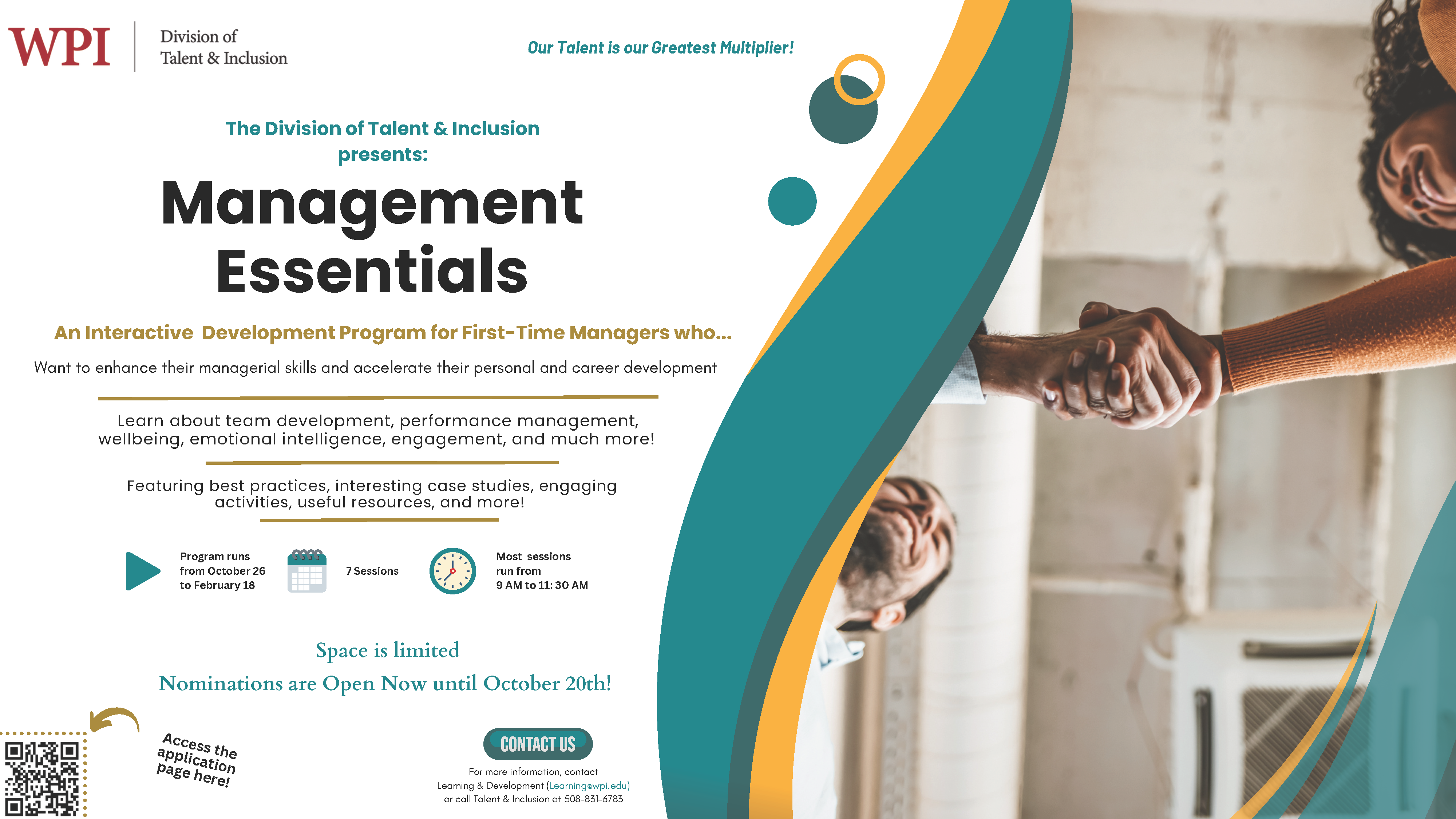 Colorful flyer that includes details about an upcoming training series managers with less than three years experience