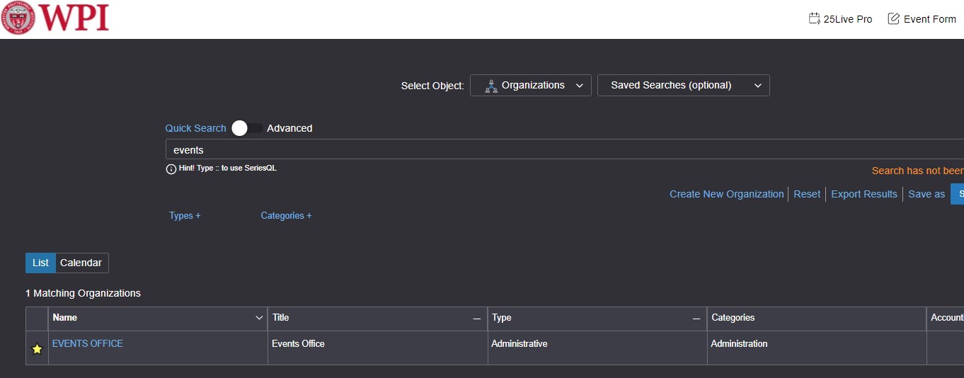 Organization Search 25Live