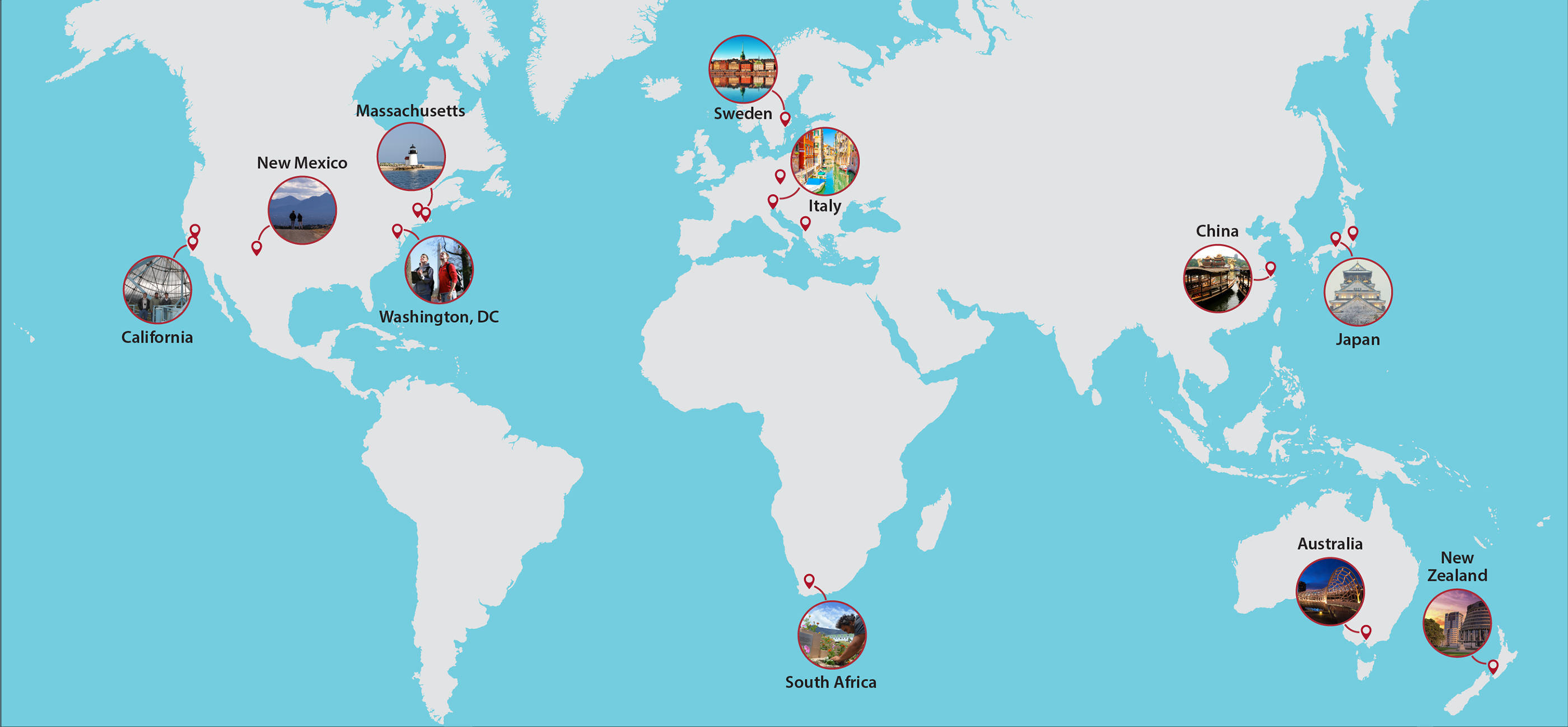 map of the world with locations highlighted with circles with a photo