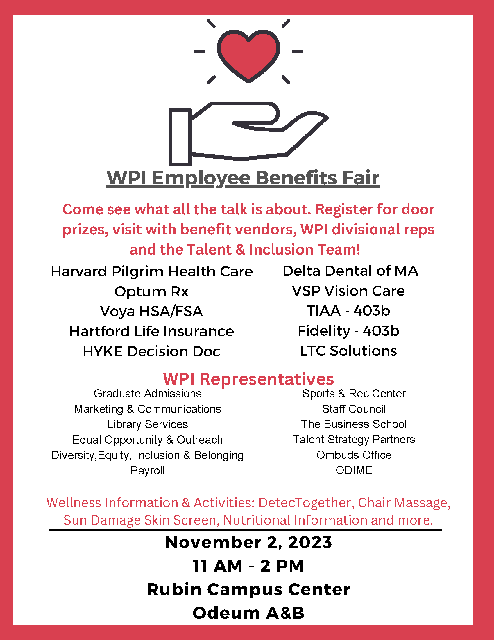 Flyer announcing 2023 benefits fair, with a heart emoji above an open hand