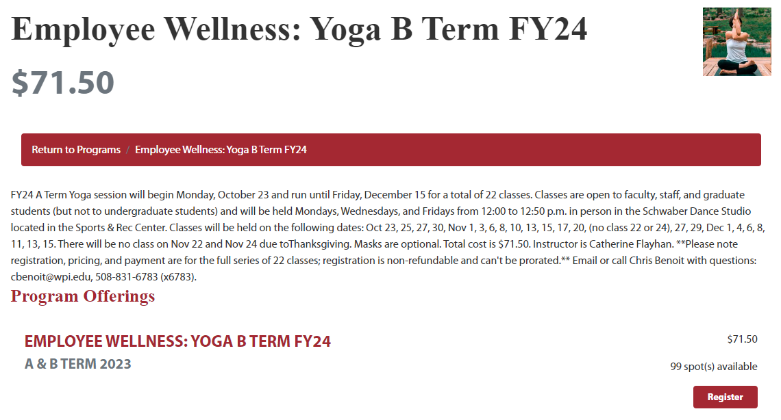 Screenshot of Rec Center Website registration page for B Term FY24 yoga classes