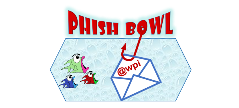 The top of the cartoon image is labeled Phish Bowl. There is an envelope labeled WPI and it’s attached to a fishing hook. On the left there are 3 cartoon fish appearing scared of the hook.