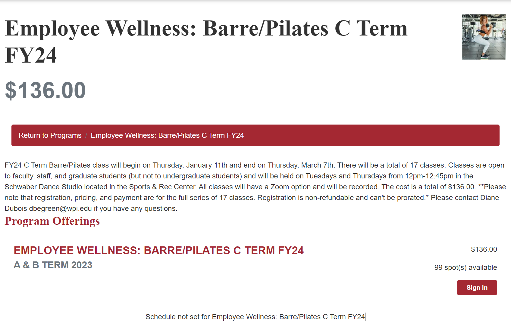 Screenshot of Rec Center Website registration for C Term FY24 barre and Pilates class