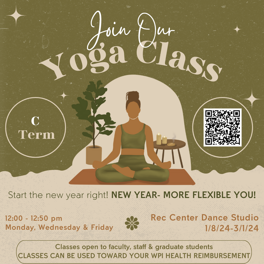 Colorful flyer that includes details of C Term Yoga classes in the Rec Center.