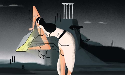 graphic image of a female form and abstract images around technology and AI
