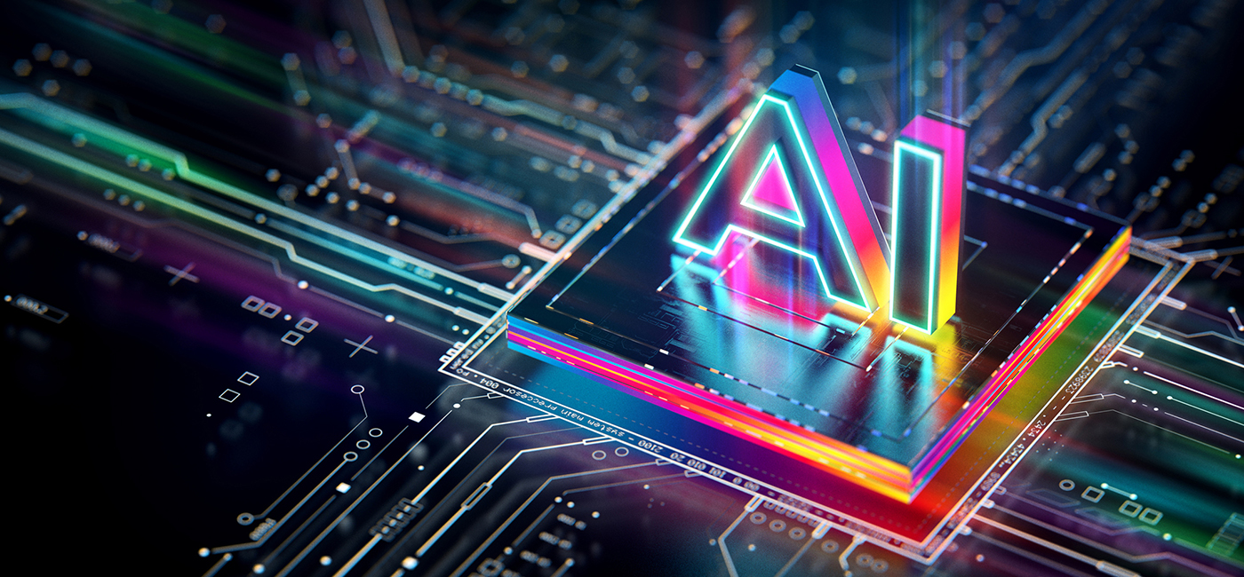 Circuit board with a spectrum of color and the word AI.