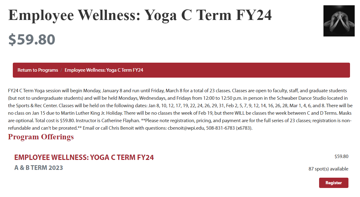 Screenshot of Rec Center Yoga Class registration page for FY24 C Term
