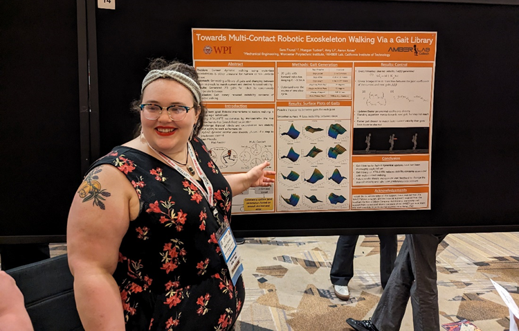 Sara Frunzi presenting her poster “Towards Robotic Exoskeleton Multi-Contact Walking Via A Gait Library.”
