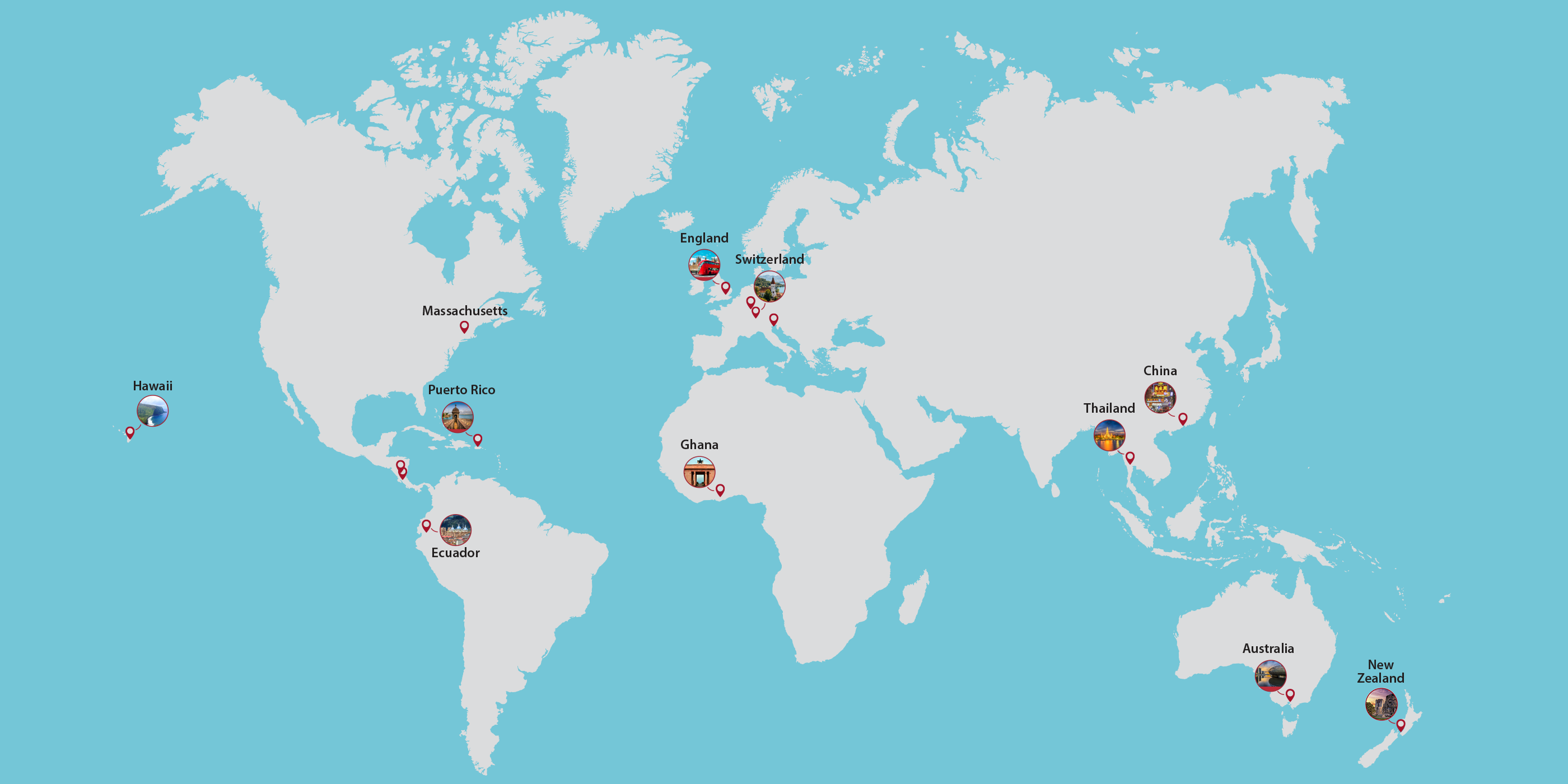 map of the world with locations highlighted with circles and a photo