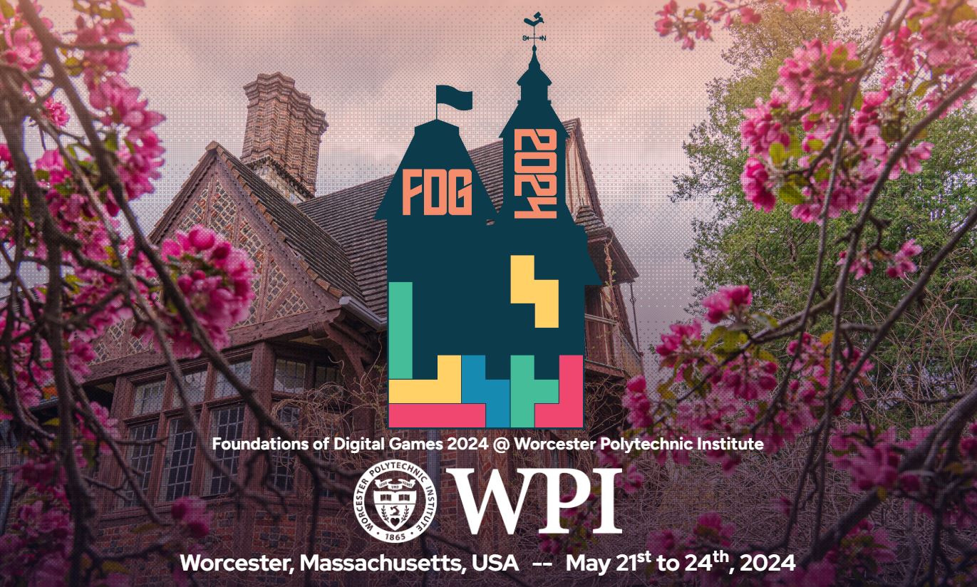 The logo for Foundations of Digital Games 2024 (a silhouette of WPI’s "twin towers", the bottom of which is overlaid with a Tetris-like design), in front of a Spring photograph of Higgins House that has been subtly pixelated to suggest an 8-bit game screen. The logo contains the phrase "FDG 2024" in its towers; the bottom of the whole image has the WPI logo and centered text:  "Foundations of Digital Games 2024 @ Worcester Polytechnic Institute, Worcester, Massachusetts, USA -- May 21st to 24th, 2024".
