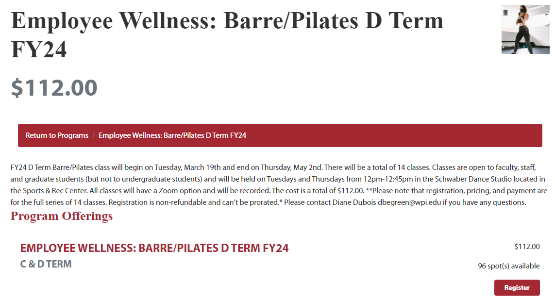 Screenshot of Rec Center Barre Pilates Class registration page for FY24 D Term