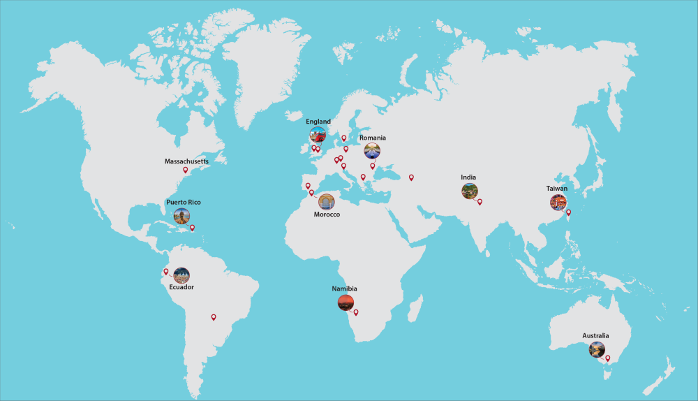 global map with D-Term project centers noted with small circles