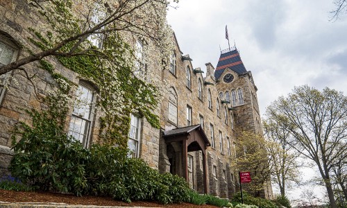 Boynton Hall view with spring flowering trees