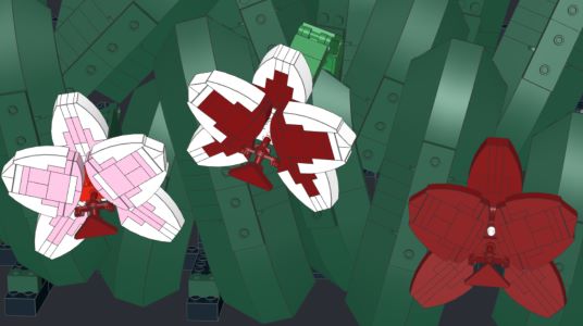 A computerized rendering shows orchids built of pink, white, and brown LEGOs against green LEGO leaves.