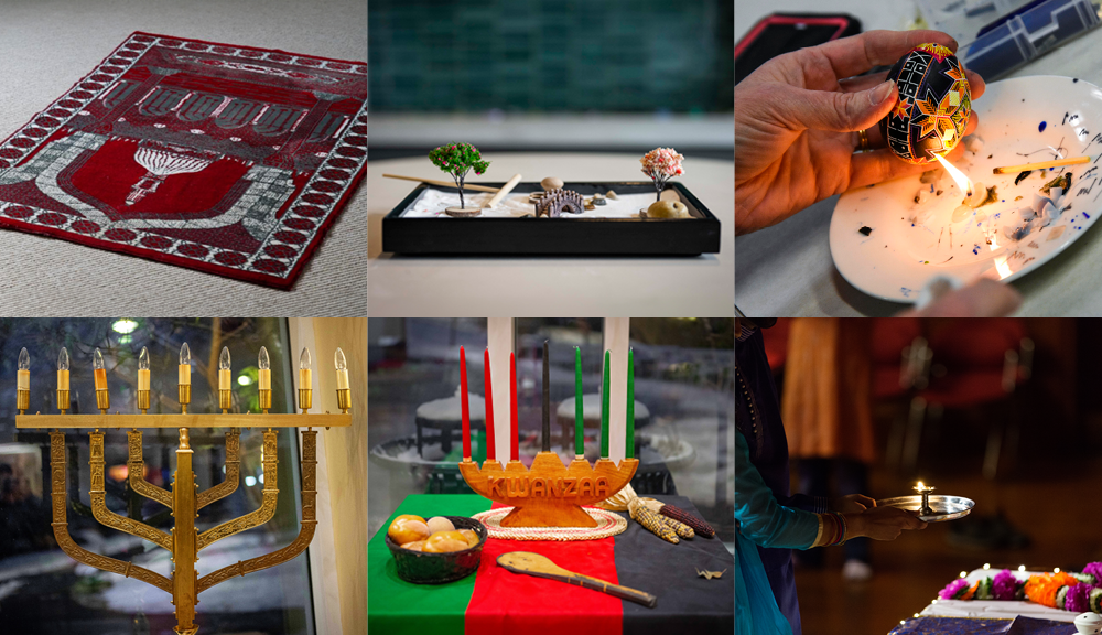 a collection of six images representing religious and cultural traditions