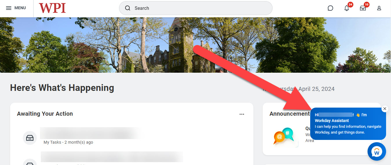 Screenshot of the Workday homepage with a big, red arrow pointing to the "I’m Workday Assistant!" pop up box.