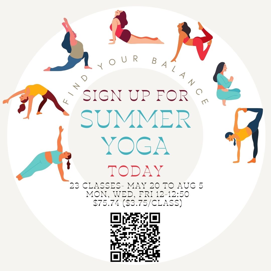 Colorful flyer showing details of the summer 2024 yoga program and a QR code to registration