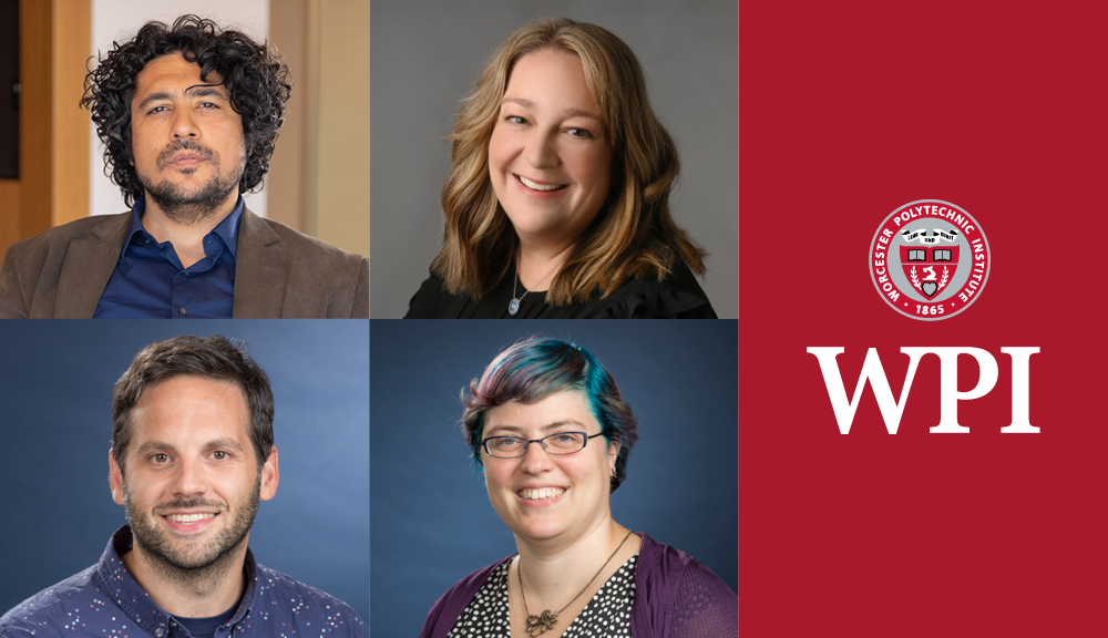 headshots of four faculty members and WPI logo