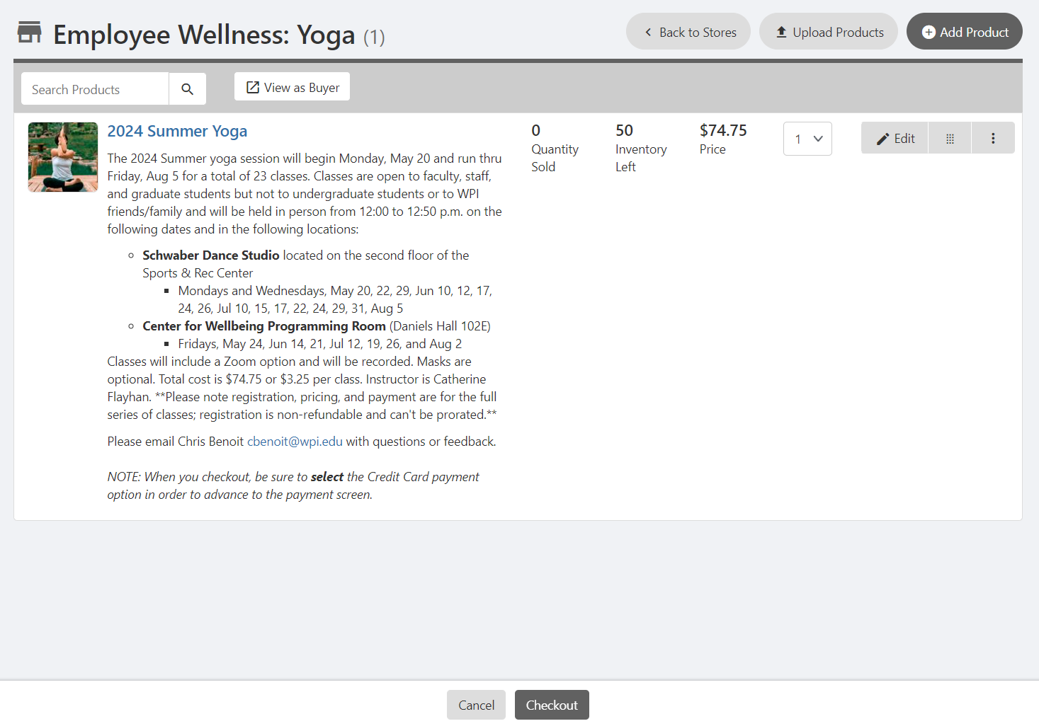Screenshot of Summer 2024 MyWPI Yoga registration-payment page