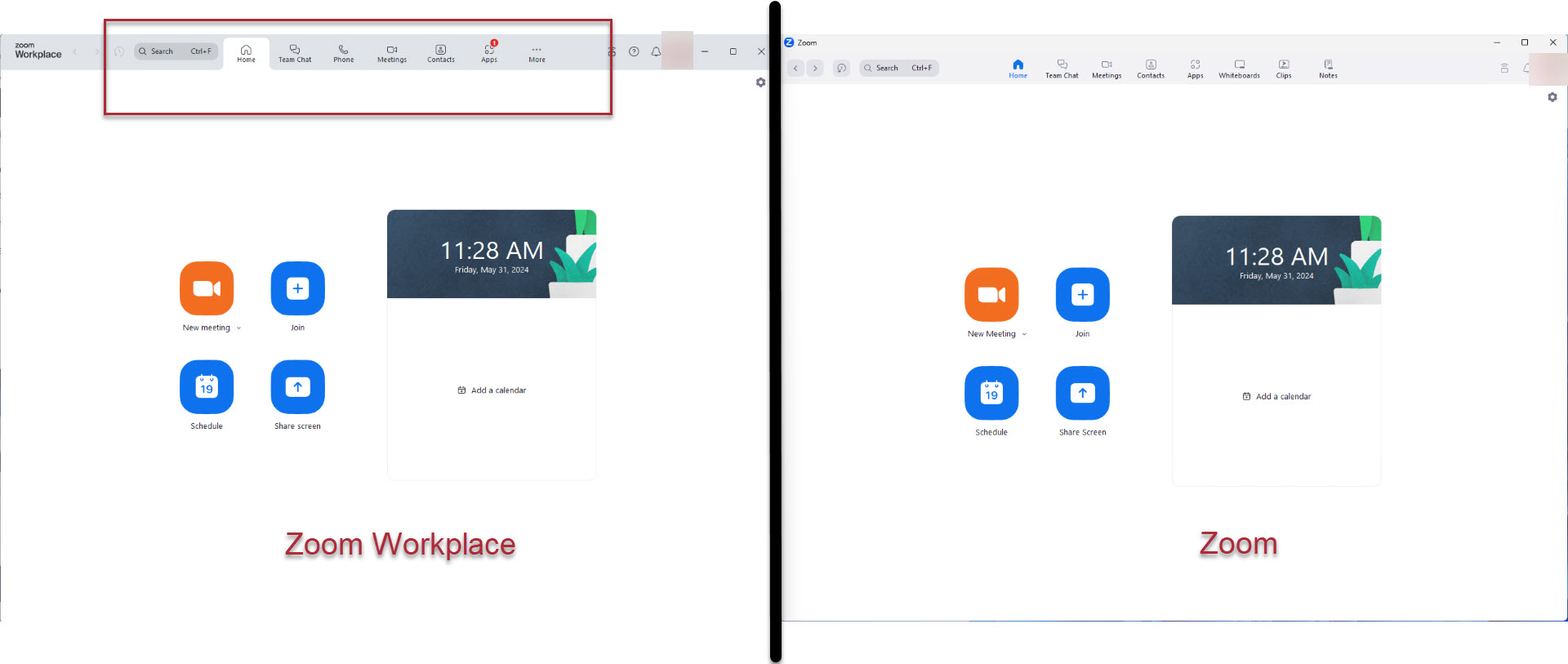 A side by side comparison of Zoom Workplace and Zoom. The toolbar for Zoom Workplace is less cluttered.