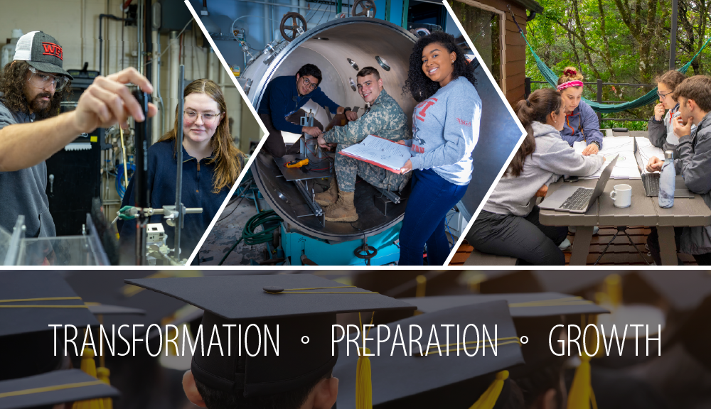 series of three photos showing college students working on hands-on projects