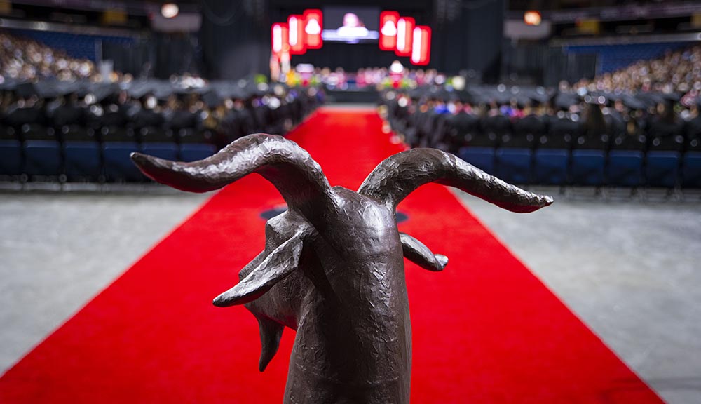 A photo of the DCU Center during Commencement from behind a 3D-printed Gompei statue.