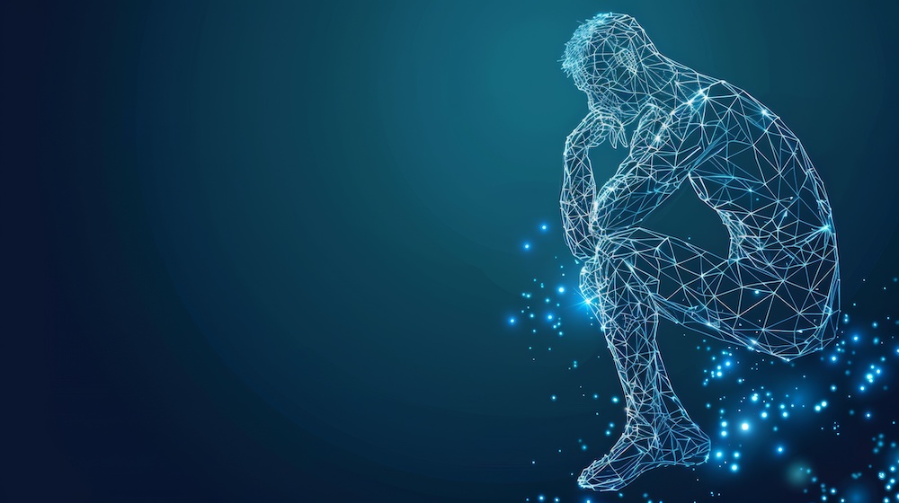 A futuristic wireframe polygon illustrating a person in a contemplative pose