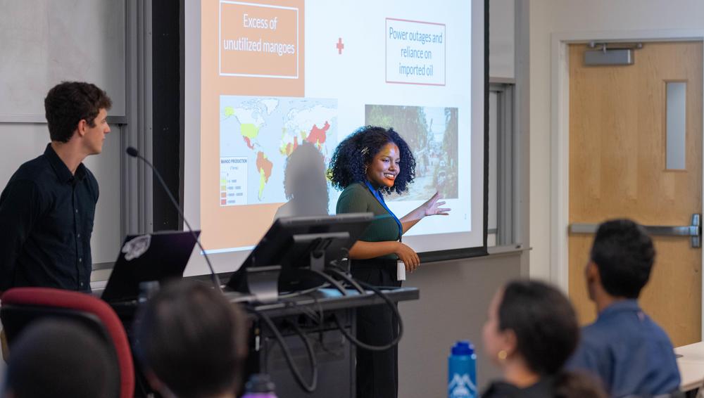 Students speak about their Mango Challenge proposals during a session at the WPI Business School.