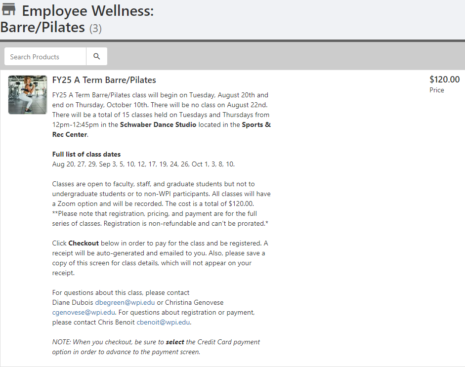 Screenshot of FY25 A term Barre/Pilates sign up page on myWPI website