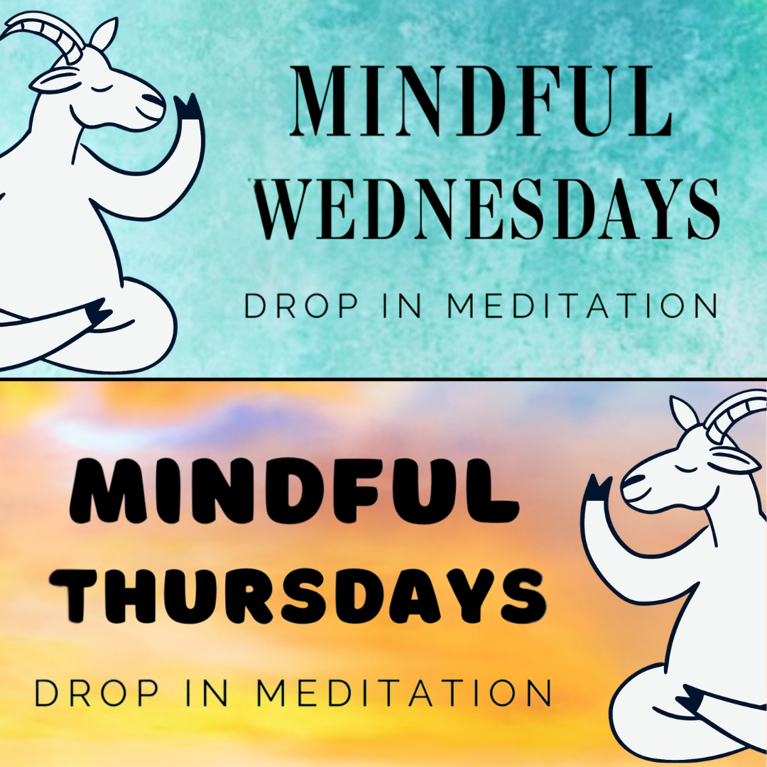 Meditating Goats with the description Mindful Wednesdays and Mindful Thursdays.