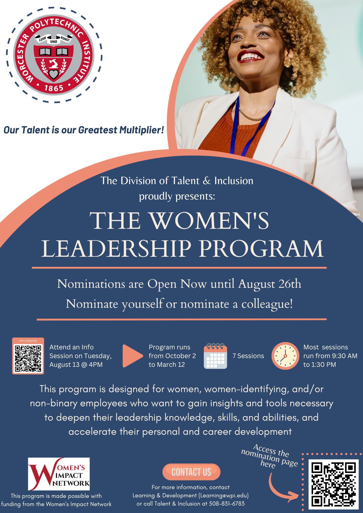 Colorful flyer with FY25 women’s leadership program details