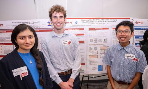 From left, Pegah Emdad, Gavin Butts, and Jethro Lee presented their AI research at WPI’s summer research showcase.