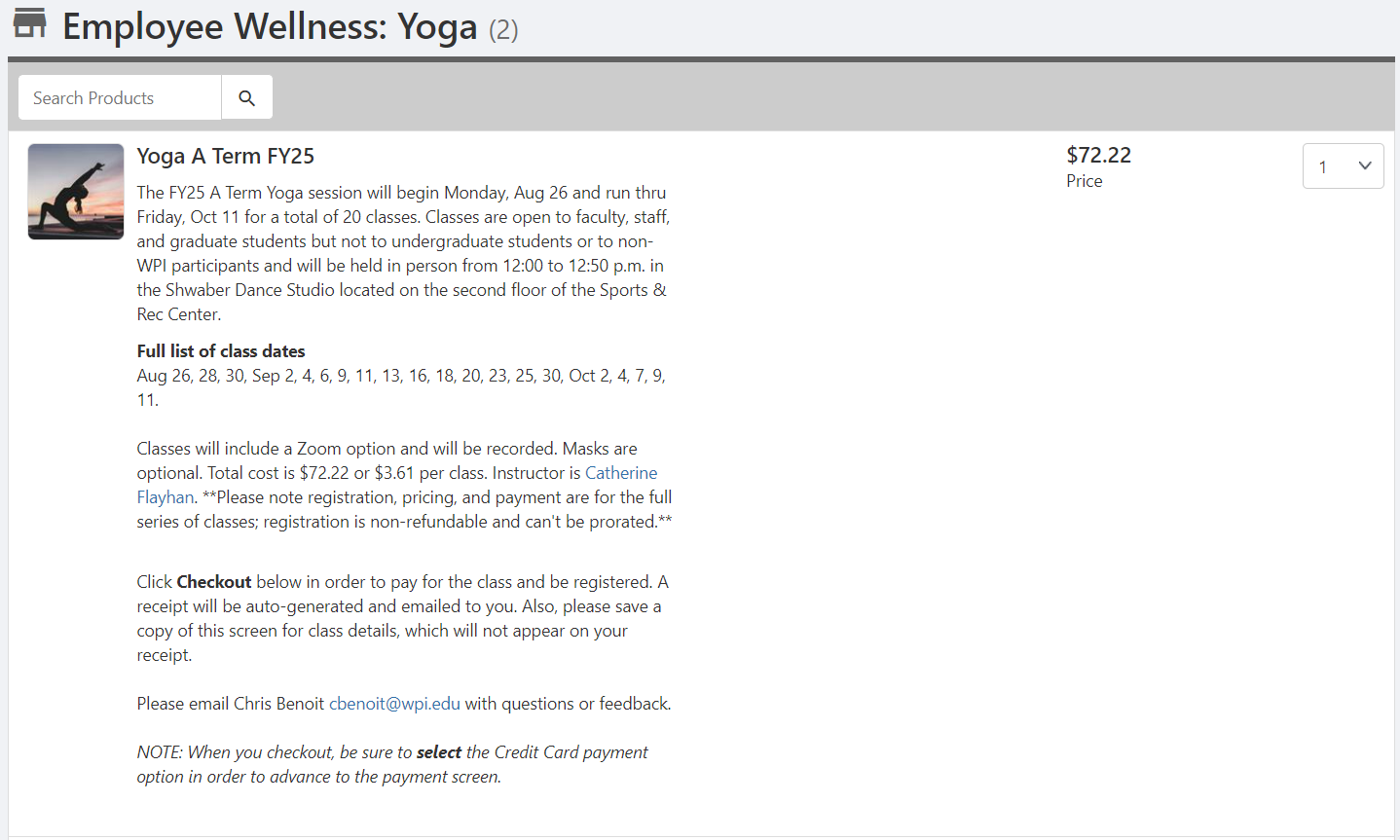 Screenshot of FY25 A Term Yoga sign up page MyWPI